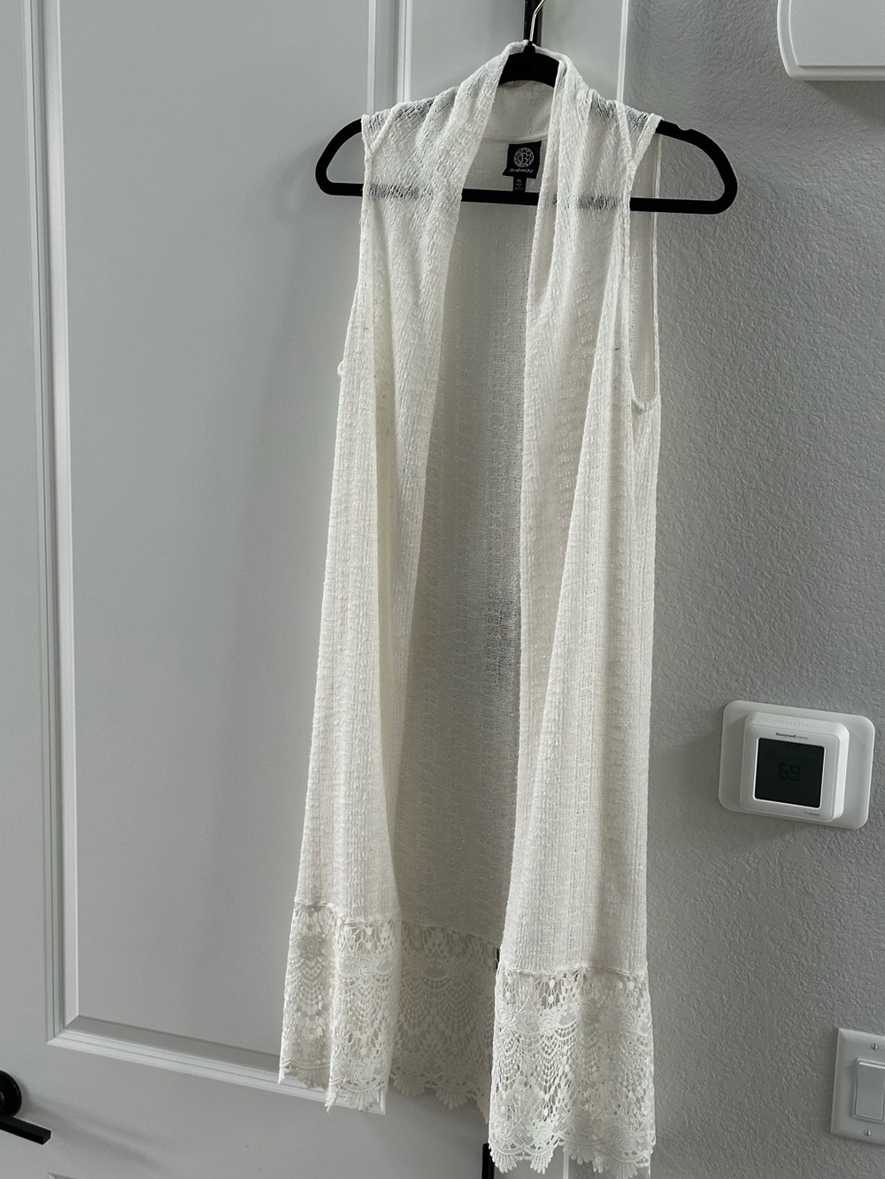 Lightweight Open Front Lace Hem Duster Vest - Ivory.  Size xl